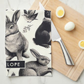 かわいいヴィンテージうさぎパターン キッチンタオル (四つ折り)