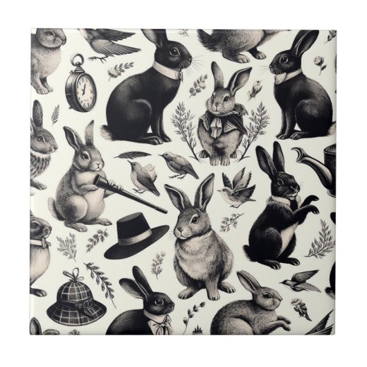 かわいいヴィンテージうさぎパターン タイル (正面)