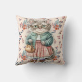 かわいいヴィンテージおばあちゃん猫ピンクエプロン眼鏡 クッション (裏面)