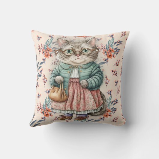かわいいヴィンテージおばあちゃん猫ピンクエプロン眼鏡 クッション (裏面)