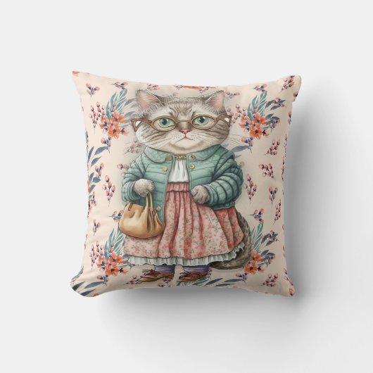 かわいいヴィンテージおばあちゃん猫ピンクエプロン眼鏡 クッション (正面)