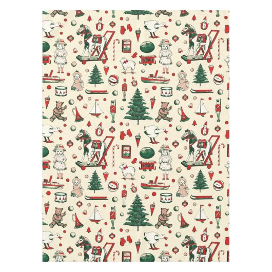 かわいいヴィンテージおもちゃクリスマスツリーホース テーブルクロス (正面)