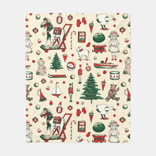 かわいいヴィンテージおもちゃクリスマスツリーホース フリースブランケット (正面)