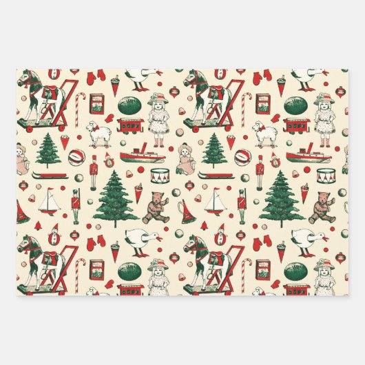 かわいいヴィンテージおもちゃクリスマスツリーホース ラッピングペーパーシート (正面3)
