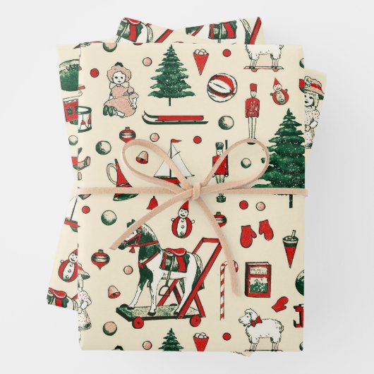 かわいいヴィンテージおもちゃクリスマスツリーホース ラッピングペーパーシート (インサイチュ)