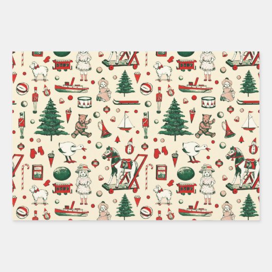 かわいいヴィンテージおもちゃクリスマスツリーホース ラッピングペーパーシート (正面)