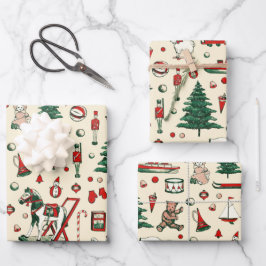 かわいいヴィンテージおもちゃクリスマスツリーホース ラッピングペーパーシート