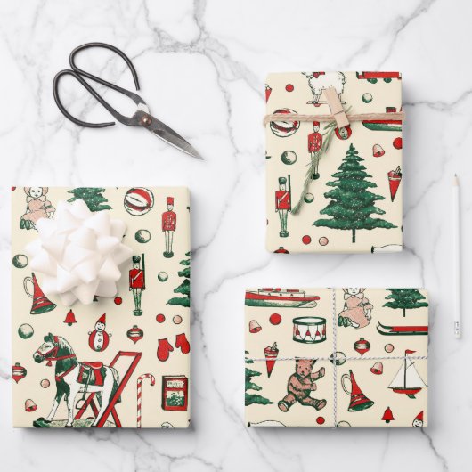 かわいいヴィンテージおもちゃクリスマスツリーホース ラッピングペーパーシート (正面)