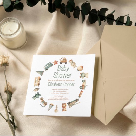 かわいいヴィンテージおもちゃリースベビーシャワー招待状 招待状