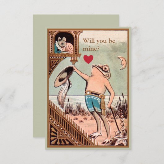 かわいいヴィンテージのカエルのマウスのバレンタインカード 招待状 (正面/裏面)