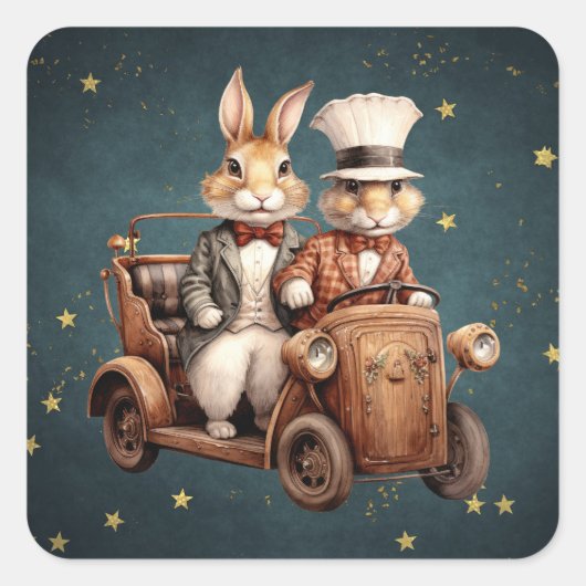 かわいいヴィンテージのクリスマスのウサギ スクエアシール (正面)