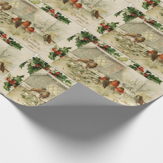 かわいいヴィンテージのクリスマスのベビーのロビン ラッピングペーパー (角)