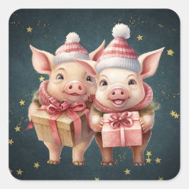かわいいヴィンテージのクリスマスピッグ スクエアシール