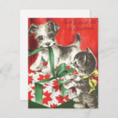 かわいいヴィンテージのクリスマス犬とプレゼント付き猫 ノートカード (正面/裏面)