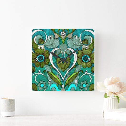 かわいいヴィンテージのターコイズの壁紙 スクエア壁時計 (ホーム)