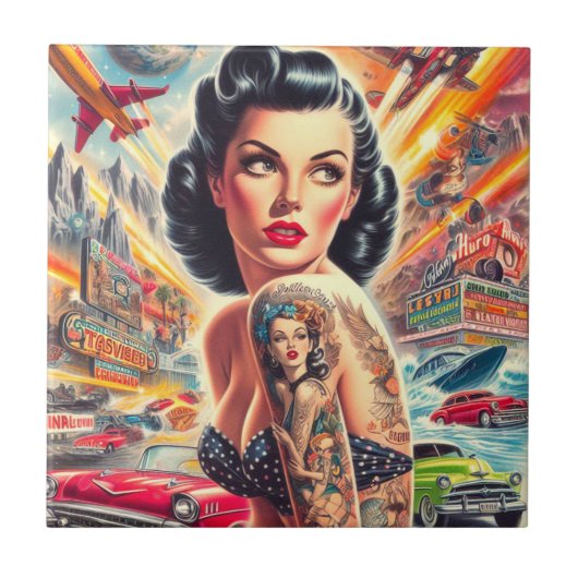 かわいいヴィンテージのピンアップアート タイル (正面)