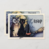 かわいいヴィンテージのフクロウおよび猫ハロウィンRSVP 出欠カード (正面/裏面)