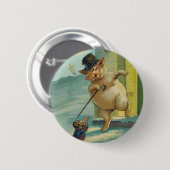 かわいいヴィンテージのブタおよび猿-おもしろいな動物 缶バッジ (正面&裏面)