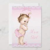 かわいいヴィンテージの女の赤ちゃんのシャワーのフェイクなレース、弓 招待状 (正面)