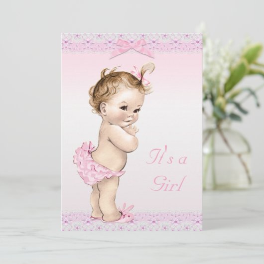 かわいいヴィンテージの女の赤ちゃんのシャワーのフェイクなレース、弓 招待状 (スタンド正面)