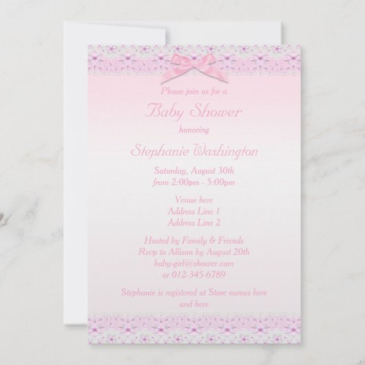 かわいいヴィンテージの女の赤ちゃんのシャワーのフェイクなレース、弓 招待状 (裏面)