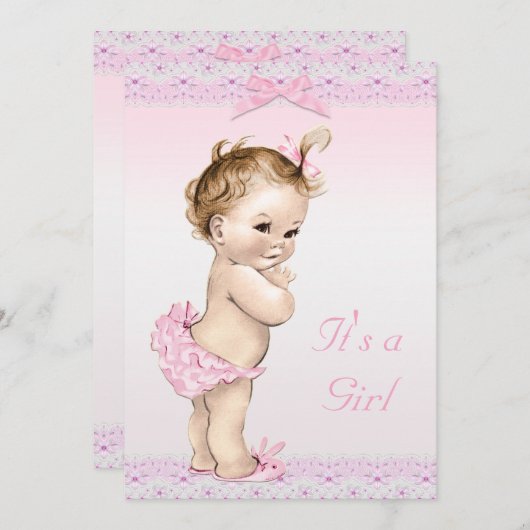 かわいいヴィンテージの女の赤ちゃんのシャワーのフェイクなレース、弓 招待状 (正面/裏面)