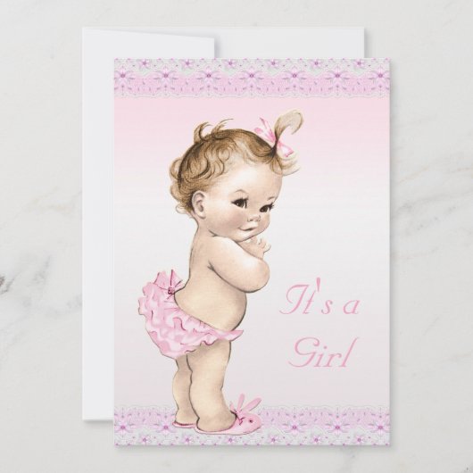 かわいいヴィンテージの女の赤ちゃんのシャワーのフェイクな花のレース 招待状 (正面)