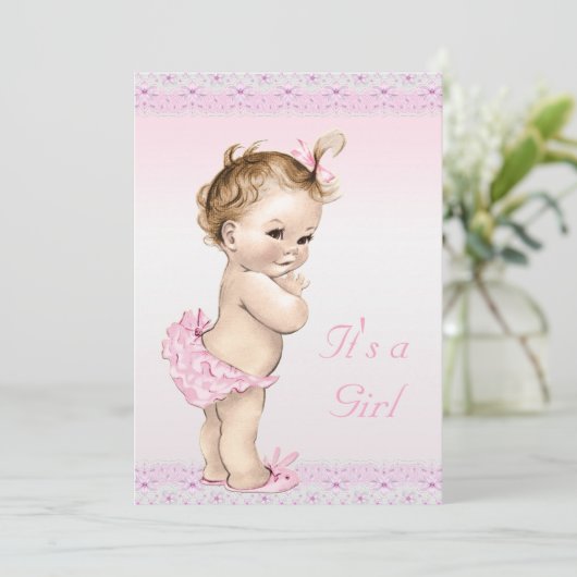 かわいいヴィンテージの女の赤ちゃんのシャワーのフェイクな花のレース 招待状 (スタンド正面)