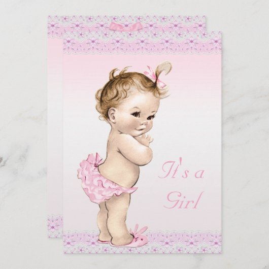 かわいいヴィンテージの女の赤ちゃんのシャワーのフェイクな花のレース 招待状 (正面/裏面)