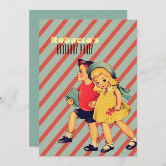 かわいいヴィンテージの子どもたちの誕生パーティー 招待状 (正面/裏面)