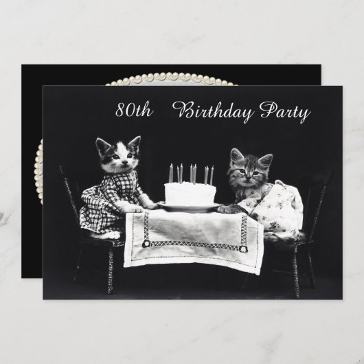 かわいいヴィンテージの子ネコの第80誕生会 招待状 (正面/裏面)