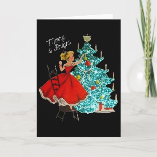 かわいいヴィンテージの明るい女の子がクリスマスツリーを飾っている カード (正面)