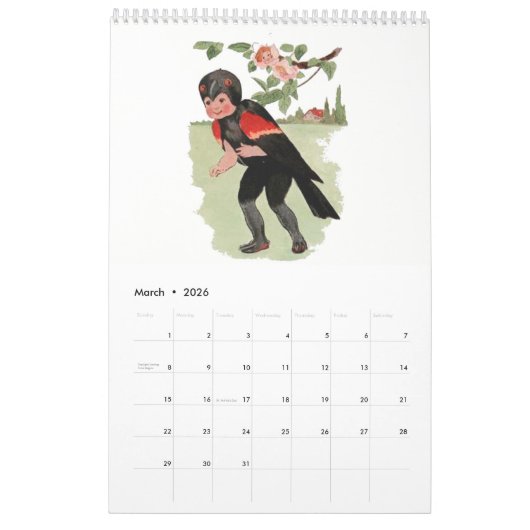 かわいいヴィンテージの水彩画のスケッチの鳥の子供4 カレンダー (3月 2026)