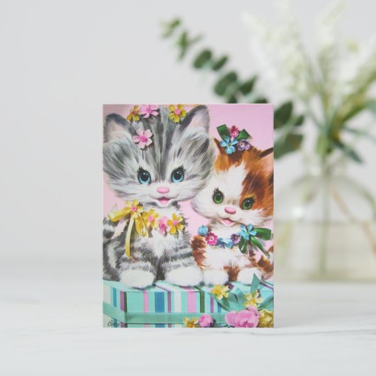 かわいいヴィンテージの誕生日猫のポストカード ポストカード (スタンド正面)
