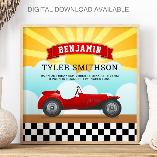 かわいいヴィンテージの赤いレースカーの赤ちゃんの誕生記念統計 ポスター