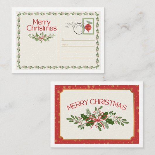 かわいいヴィンテージの赤と緑のクリスマス ポストカード (正面/裏面)