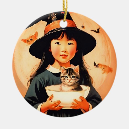 かわいいヴィンテージの魔女 – アジアの子 セラミックオーナメント (正面)
