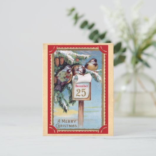 かわいいヴィンテージの鳥メリークリスマス ポストカード (スタンド正面)