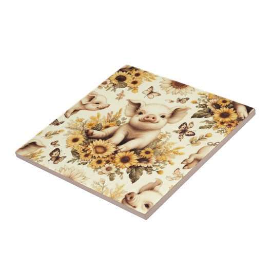 かわいいヴィンテージひまわり豚のパターン タイル (側面)