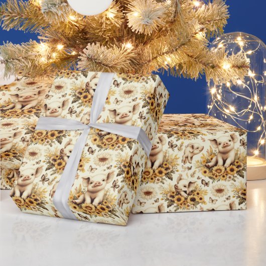 かわいいヴィンテージひまわり豚のパターン ラッピングペーパー (クリスマス)
