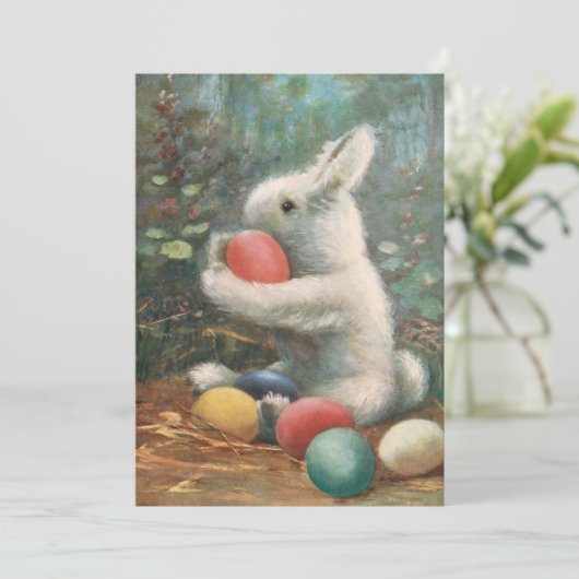 かわいいヴィンテージふわふわイースターバニーと卵 シーズンカード (スタンド正面)