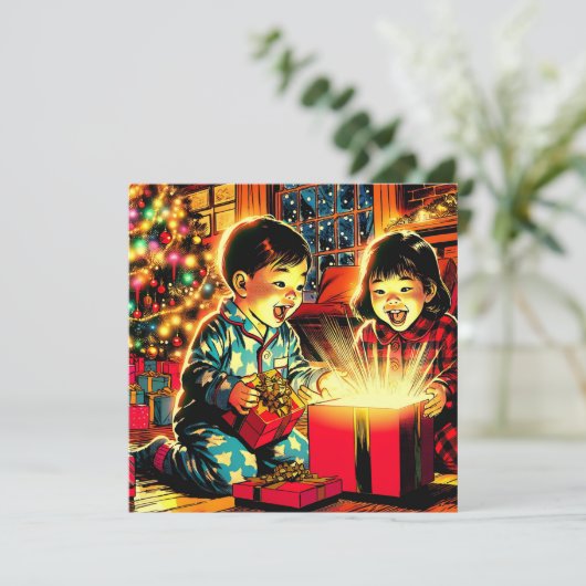 かわいいヴィンテージアジアの子ども2人のクリスマス シーズンカード (スタンド正面)