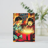 かわいいヴィンテージアジアの子ども2人のクリスマス シーズンポストカード (スタンド正面)