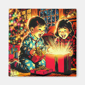 かわいいヴィンテージアジアの子ども2人のクリスマス マグネット (正面)