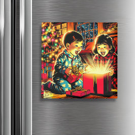 かわいいヴィンテージアジアの子ども2人のクリスマス マグネット