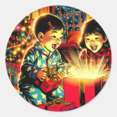 かわいいヴィンテージアジアの子ども2人のクリスマス ラウンドシール (正面)