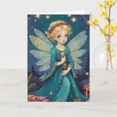 かわいいヴィンテージアートクリスマス星空の夜の妖精 カード (黄色い花)