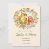 かわいいヴィンテージアールヌーボーLGBTQ二花嫁 招待状 (正面)