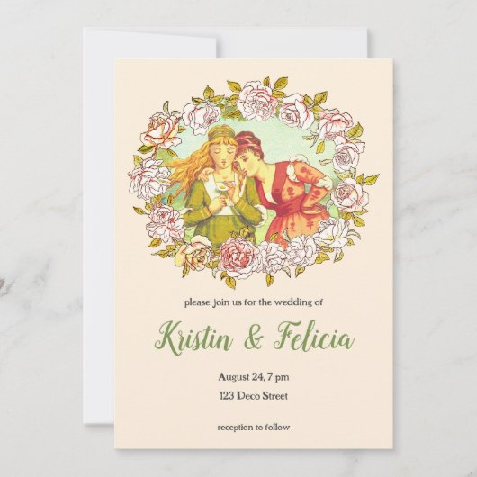 かわいいヴィンテージアールヌーボーLGBTQ二花嫁 招待状 (正面)