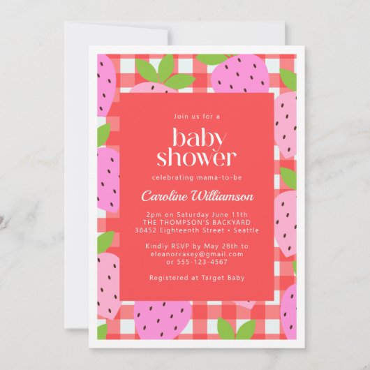 かわいいヴィンテージイチゴのプレイドベビーシャワー 招待状 (正面)